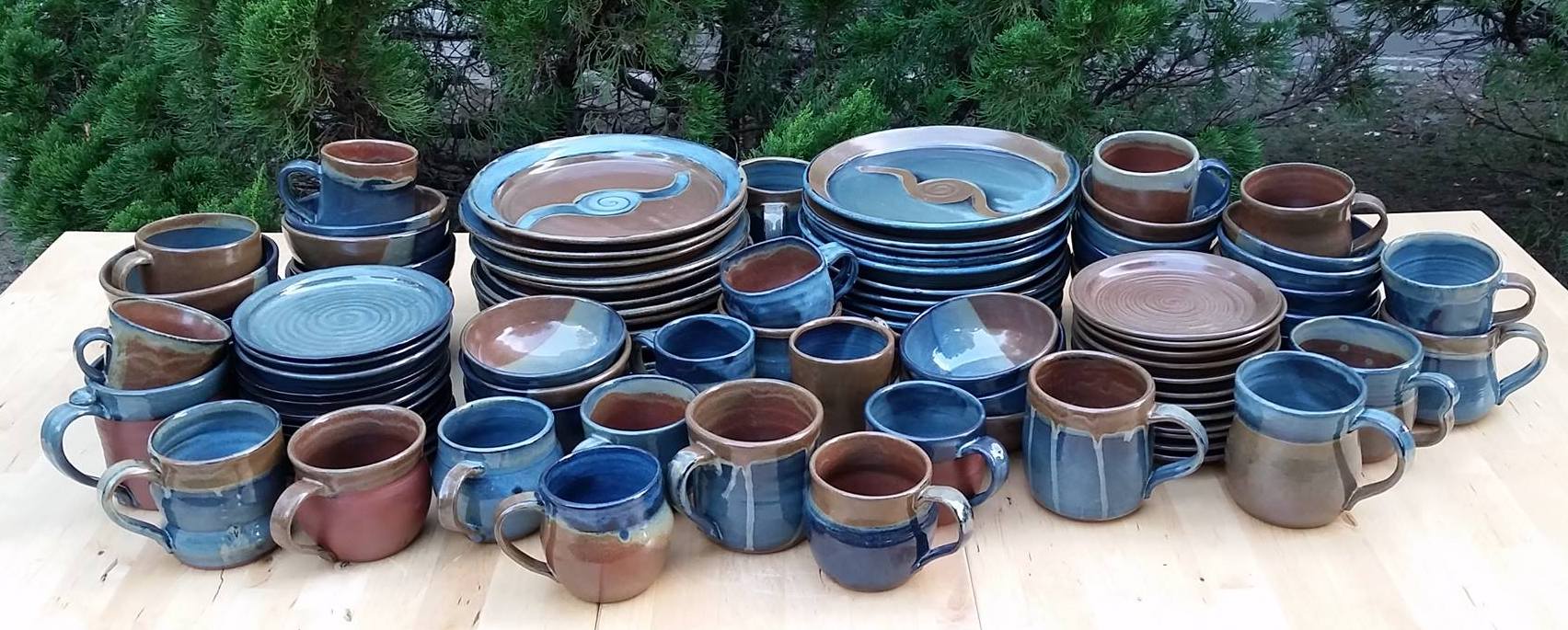 blue and clay colored pottery