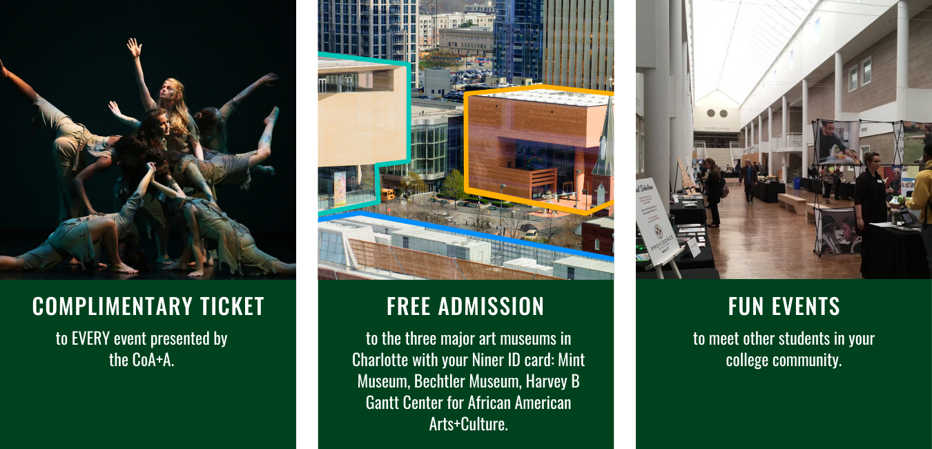 49er Arts Link Perks: Includes free tickets to CoA+A events, free admission to the top three Charlotte museums, and fun events