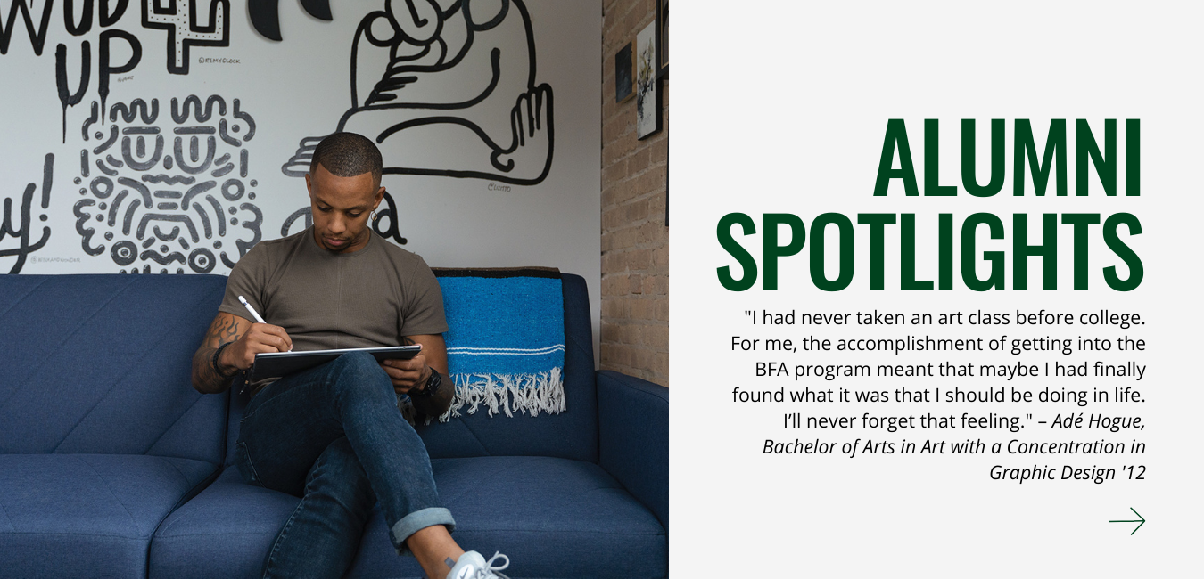 Black man sitting in on blue sofa drawing on an ipad with hand lettering behind him on the wall