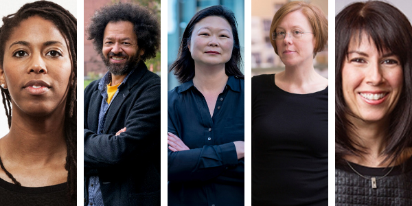 collage of five headshots; a Black woman, a Black man, and asian woman, a white woman with red hair, and a white woman