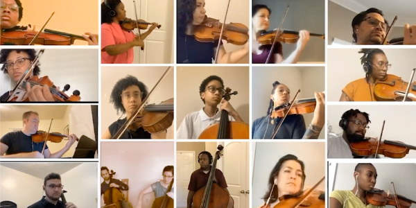 zoom collage of students heads that are all holding a string instrument 